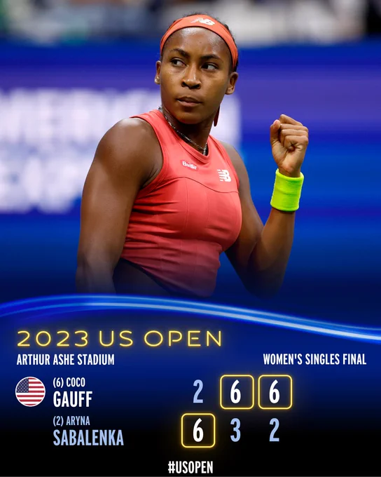 Graphic: Coco Gauff defeats Aryna Sabalenka 2-6, 6-3, 6-2, in the US Open Women's Singles Final.