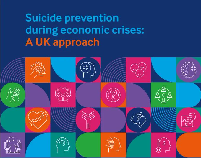 The front cover of our report on suicide prevention, featuring brightly coloured tiles. The title is "Suicide prevention during economic crises: A UK approach."