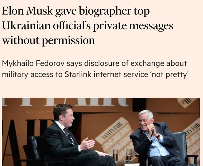 Screenshot of Financial Times headline: Elon Musk gave biographer top Ukrainian official’s private messages without permission