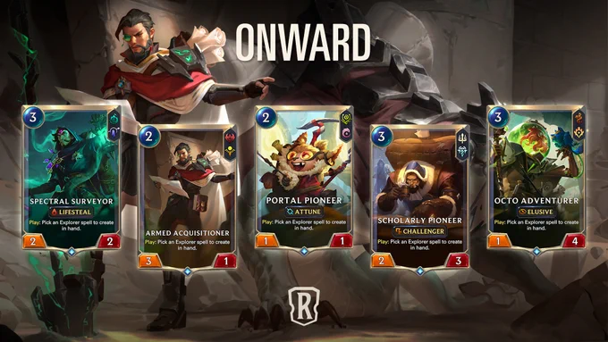 5 cards from LoR's newest expansion, Fate's Voyage: Onward, are featured on top of an image of the Armed Acquisitioner looking down at a piece of paper in their right hand and pointing to something with their left. The Armed Acquisitioner is carrying a bundle of rolled up papers on their back and standing next to a creature.The cards from left to right are: Spectral Surveyor; Armed Acquisitioner; Portal Pioneer; Scholarly Pioneer; Octo Adventurer.