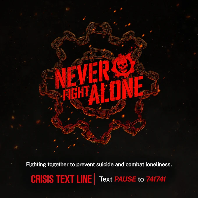 Black background with a red chain in the shape of the Crimson Omen. Text overlayed reads: Never Fight Alone. Fighting together to prevent suicide and combat loneliness. Crisis Text Line. Text PAUSE to 741741.​
