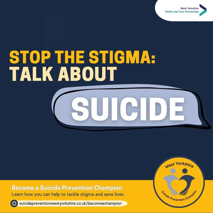 Image says Stop The Stigma: Talk about suicide. Become a Suicide Prevention Champion today