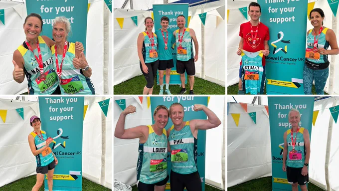 A collage made up of 6 photos. Each photo has at least one runner posing in front of a Bowel Cancer UK banner after they had completed the Great North Run.