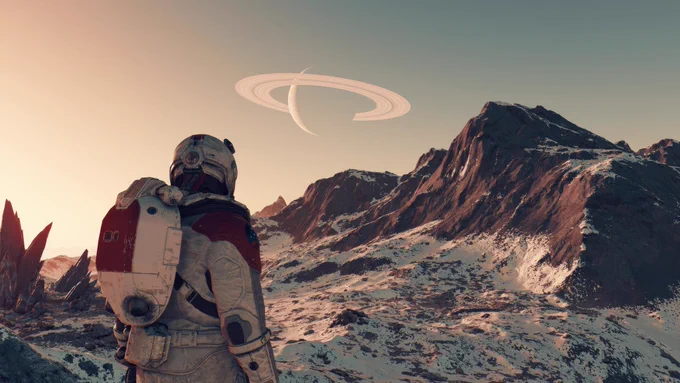 Image du jeu Starfield. On peut y voir un humain dans une combinaison spatiale rouge et blanche qui regarde une montagne au loin. Dans le ciel on peut voir une géante gazeuse avec des anneaux similaire à Saturne.