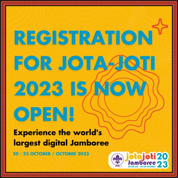 Cartel en inglés anunciando la apertura de inscripciones en el JOTA/JOTI.
