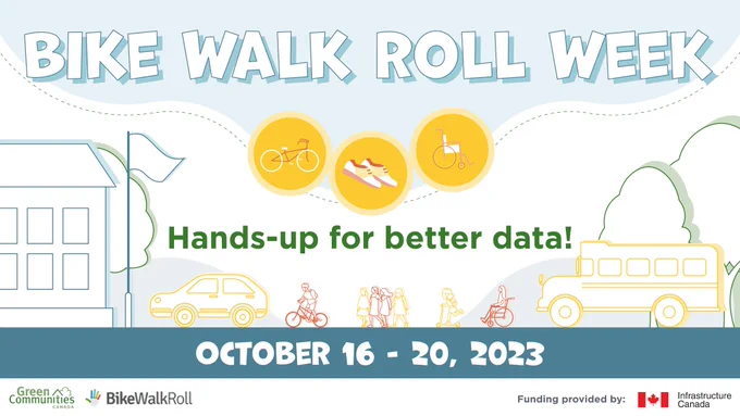 Graphic of a car, a person on a bike, a group of friends, a child on a scooter, a person in a wheelchair, and a school bus travelling towards a school. Text reads "Bike Walk Roll Week. Hands up for better data. October 16 - 20, 2023"