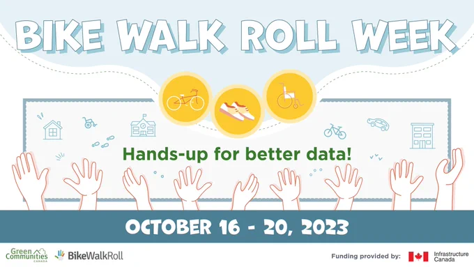 Graphic with illustrations of several students' raised hands. The text reads "Bike Walk Roll Week. Hands-up for better data! October 16-20, 2023".