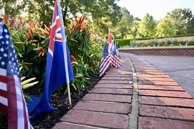 On Young Commons on the large flower bed, there are American and international flags to symbolize the lives lost on 9/11/01.