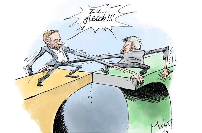 Christian Lindner und Robert Habeck versuchen mit zitternden, überlangen Armen, eine gelbe und eine grüne Brücke zusammenzwingen, die parallel zueinander verlaufen, aber direkt vor bzw. hinter ihnen abbrechen. Gemeinsame Sprechblase: "Zu...gleich!!!" Signiert: Mohr 21.