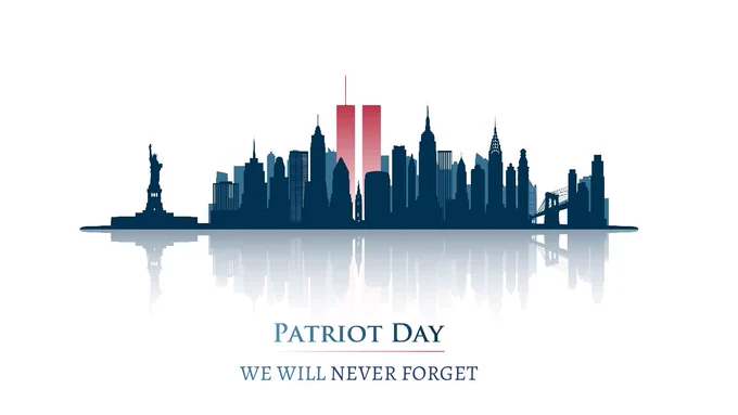 Twin Towers in New York City Skyline. World Trade Center. September 11, 2001 National Day of Remembrance. Patriot Day We Wil Never Forget anniversary banner