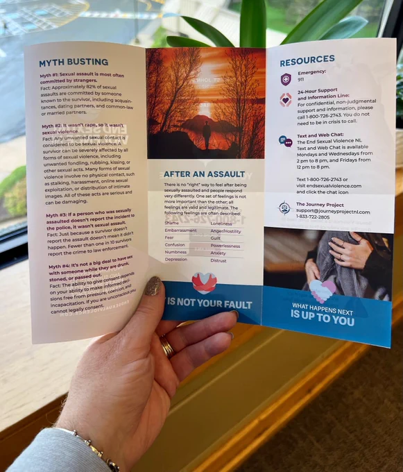 Brochure showing where to call if you need to talk to someone about being sexually assaulted.
