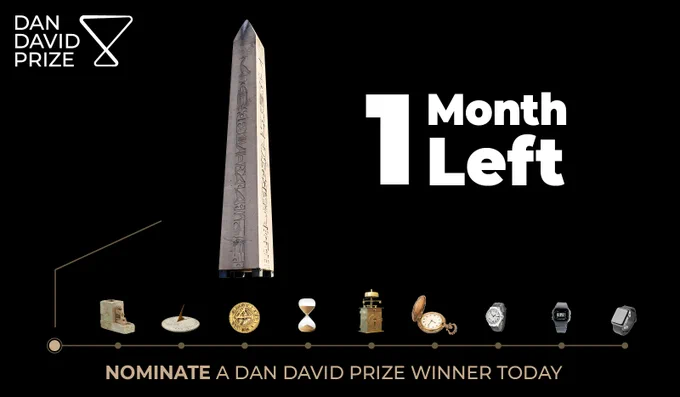 A graphic with "1 month left" written on it, in reference to the remaining time available to nominate for the Dan David Prize. 