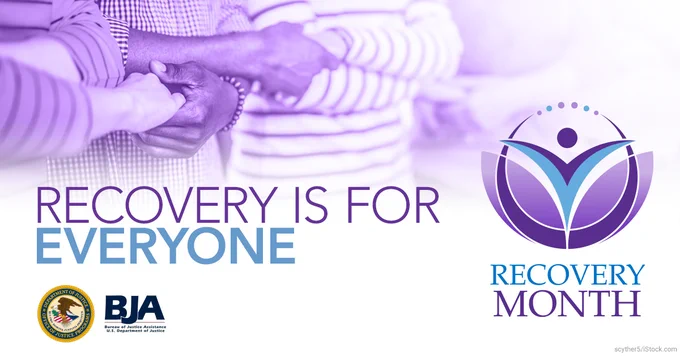 Recovery Month graphic depicting a group of people linking hands and arms. Text reads - "Recovery is for everyone".