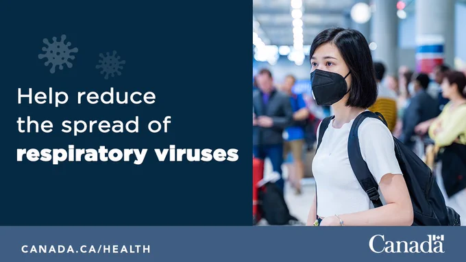 A woman wearing a mask in a crowded airport. Image reads: help reduce the spread of respiratory viruses
