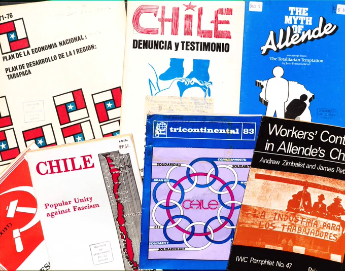 A collage of front covers of books and pamphlets about the Chilean coup of 1973