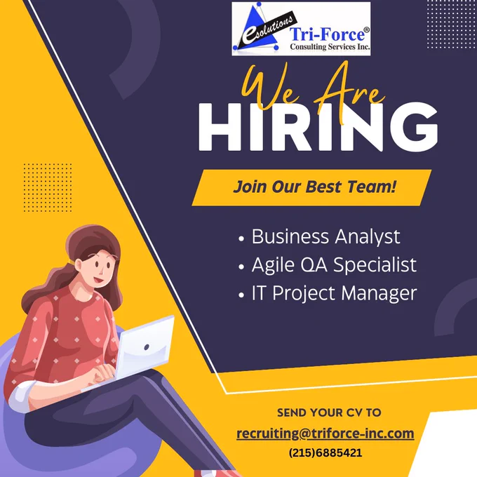 🚀 Tri-Force is on the lookout for talent! With job opportunities across various industries, we ensure there's a perfect fit for your unique skills and passions. Don't miss out; apply today for a rewarding career in the USA ⚡️🖥️

For Apply Now: https://triforce-inc.com/careers/

Call Us Now: (215)6885421

#businessanalyst #businessanalystjobs #agile  #itprojectmanager  #jobseeking  #hiring 

#usajobs  #applynow  #usa  #angular  #itjobs  #pythondeveloper  #itjobsearch  #informationtechnology  #employment  #jobsinusa  #aptitude  #offcampusdrive  #cybersecurity  #itcareers  #jobalert  #itcareers  #careergoals  #bankjobs  #recruiting  #softwaredeveloper  #programmer  #ittraining  #javascript  #education  #jobvacancies  #freshersjobs  #engineeringjobs  #jobinterview  #placements