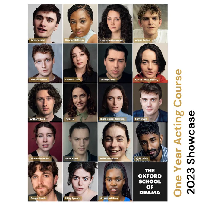 Headshots of all the 19 actors from the graduating class of 2023. Text on the side reads One Year Acting Course, 2023 Showcase.