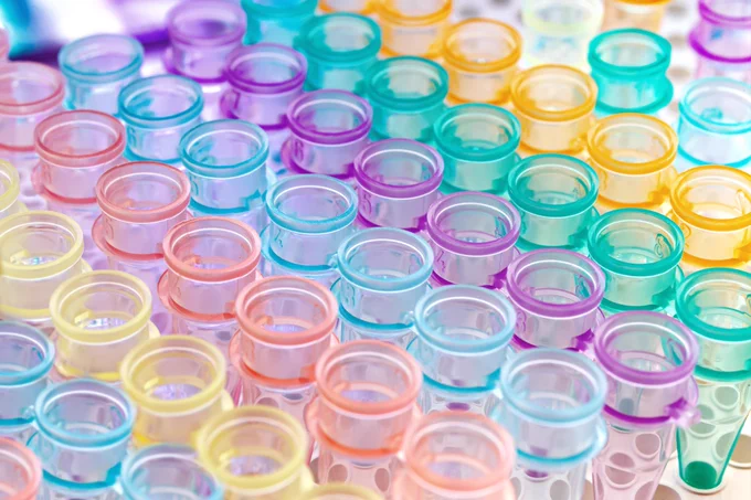 Rack of different coloured plastic centrifuge tubes