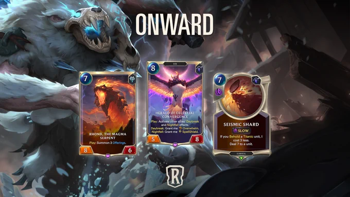 3 cards from LoR's newest expansion, Fate's Voyage: Onward, are featured on top of an image of the Berserker Ursine running through the snow towards some debris. There is a bright blue glow coming from their skull. On the right, there is a figure falling into the snow after being pushed by the Berserker Ursine. The cards from left to right are: Rhond, the Magma Serpent; Herald of Celestial Convergence; Seismic Shard.