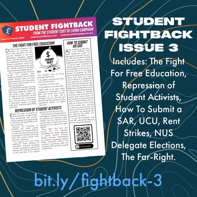 picture of the bulletin. Text reads “student Fightback issue 3 Includes: the fight for free education, repression of student activists, how to submit a SAR, UCU, Rent Strikes, NUS Delegate Elections, The Far-Right.”
