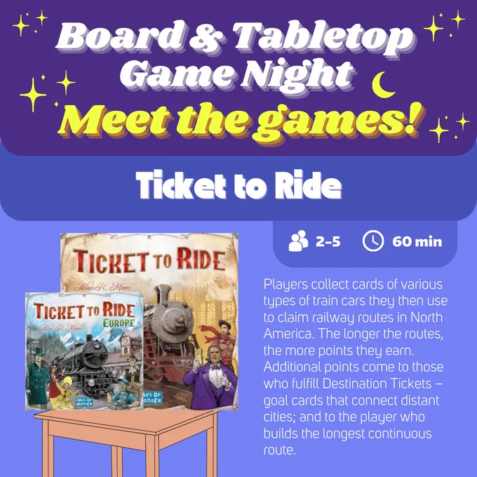 White and yellow text over a purple background speckled with stars reads: “Board & Tabletop Game Night. Ticket to Ride. 2-5 players. 60 minutes. Players collect cards of various types of train cars they then use to claim railway routes in North America. The longer the routes, the more points they earn. Additional points come to those who fulfill Destination Tickets – goal cards that connect distant cities; and to the player who builds the longest continuous route.”