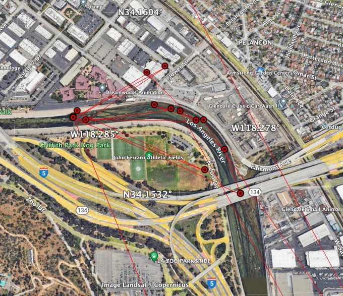Map of the Los Angeles River near Griffith Park showing points connected by lines that are locations of a Greater Yellowlegs (shorebird) within the river banks and a few points outside.
