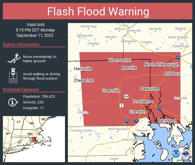 This graphic displays a flash flood warning plotted on a map. The warning is in effect until 8:15 PM EDT. The warning includes Providence RI, Cranston RI and Pawtucket RI.  This warning is for Southeastern Worcester County in central Massachusetts, Southwestern Norfolk County in eastern Massachusetts, Northwestern Bristol County in southeastern Massachusetts, Northern Bristol County in Rhode Island and Providence County in Rhode Island. Avoid walking or driving through flood waters! Move immediately to higher ground! There are 786,422 people in the warning along with 235 schools and 17 hospitals.