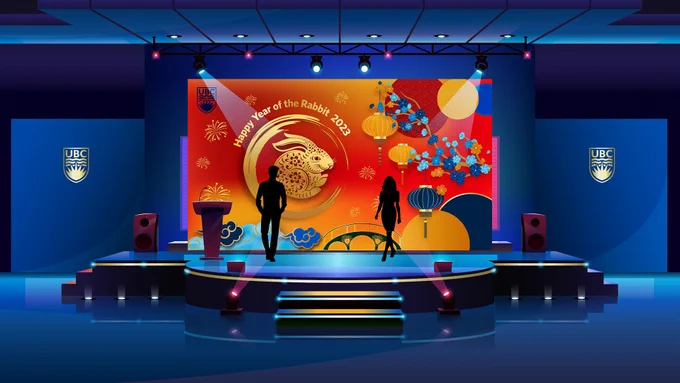 Picture of an event stage with the 2023 Lunar New Year illustration as a backdrop.  