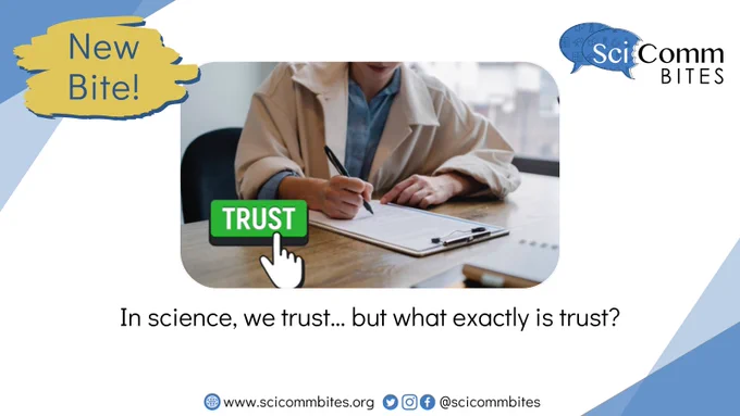 Graphic with blue triangle accents, scicommbites logo, image of a person writing on a clipboard in the background with a mouse cursor clicking on a green trust button in the foreground.