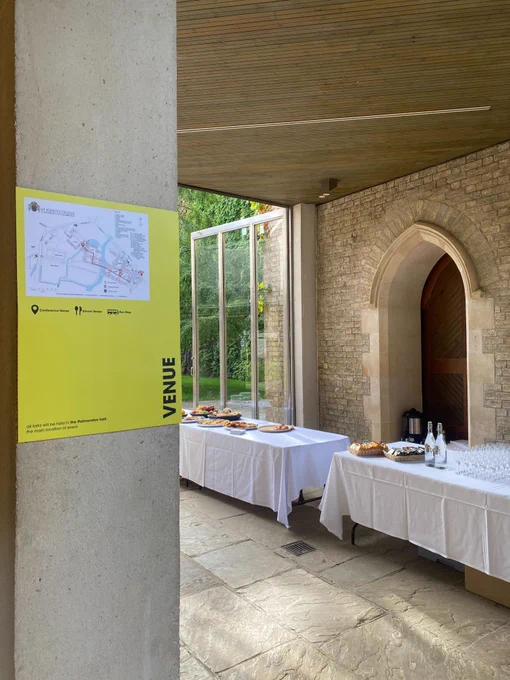 A catering area with a map of the venue