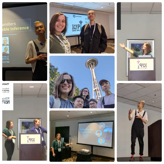 A collage summarizing the best moments of the conference. There are 7 photos, one in the middle, with 6 surrounding. In the centre is a picture of Sam, Minh, Kazutaka and friend in front of the Seattle Space Needle. Then going round the outer pictures we have (starting at the top): Minh and Sam at the conference, standing in front of the logo; Sam posing for pictures before her Embedding by Unembedding talk, Minh mid-talk; Sam posing with her Embedding by Unembedding title slide; Harry and Sam answering questions for the double-act talk; Minh posing in front of his slides. 