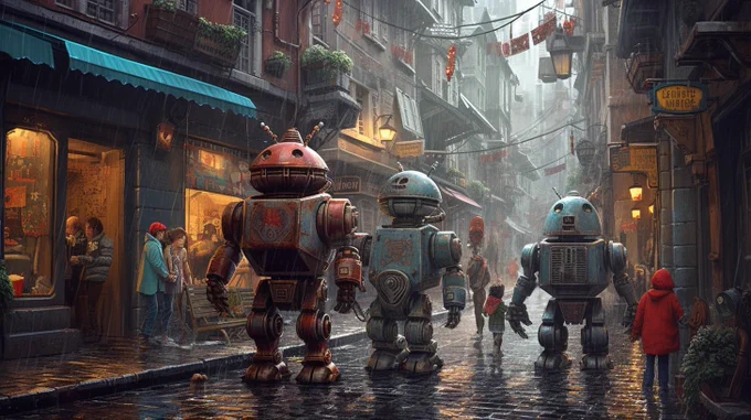 Robots living amongst humans. Raining! 