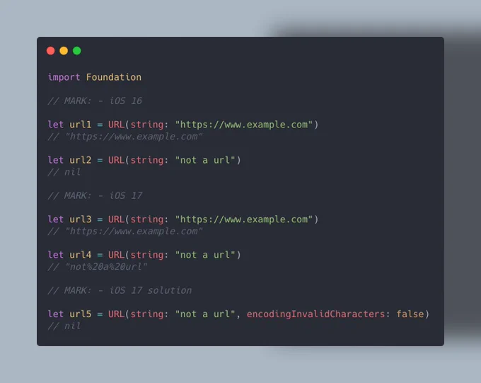 An image, which shows the different parsing behavior of in the Swift programming language for the iOS 16 and iOS 17 URL initializers.