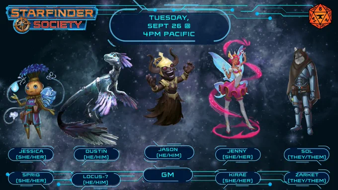 Starfinder Society Foundry VTT screen showing 3 fantasy characters