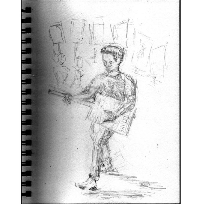 pencil sketch of person using a picket sign to play air guitar to Diana Ross, with picketers behind them