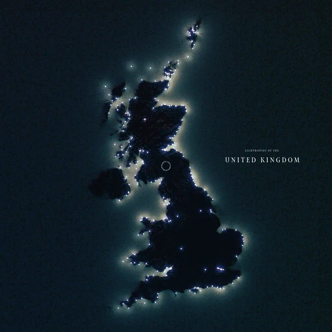 A map showing the lighthouses of the United Kingdom as illuminated globes
