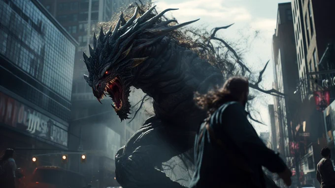 a dynamic battle scene between a giant dragon in the heart of New York City, realistic, cinematic, shot on hasselblad --ar 16:9 --style raw --v 5.2