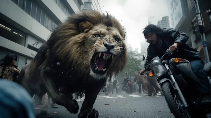 a dynamic battle scene between a giant lion in the heart of tokyo, realistic, cinematic, shot on hasselblad --ar 16:9 --style raw --v 5.2