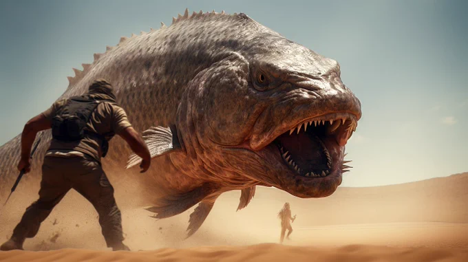 a dynamic battle scene between a giant fish in the heart of Morocco, realistic, cinematic, shot on hasselblad --ar 16:9 --style raw --v 5.2