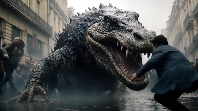 a dynamic battle scene between a giant crocodile in the heart of Paris, realistic, cinematic, shot on hasselblad --ar 16:9 --style raw --v 5.2