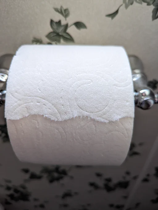A roll of white Charmin toilet paper with a curvy scalloped edge on the next sheet. Looks so fancy!