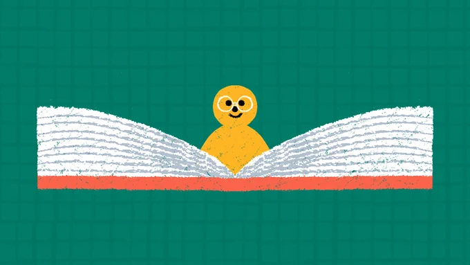 IMAGE: green checkered background, person with round glasses in the middle of a large open book