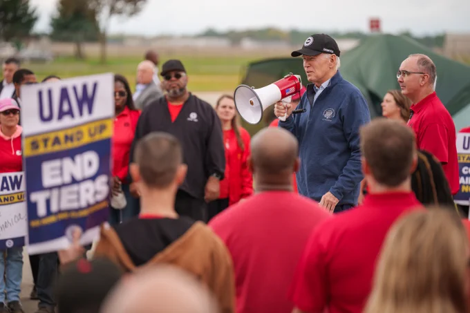 President Biden joins striking United Auto Workers on the picket line in Van Buren Township, Michigan.