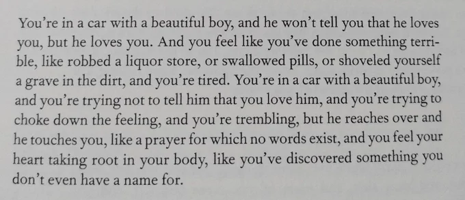 photograph of the 24th stanza of Richard Siken's poem, You Are Jeff. It says: "You're in a car with a beautiful boy, and he won't tell you that he loves you, but he loves you. And you feel like you've done something terrible, like robbed a liquor store, or swallowed pills, or shoveled yourself a grave in the dirt, and you're tired. You're in a car with a beautiful boy, and you're trying not to tell him that you love him, and you're trying to choke down the feeling, and you're trembling, but he reaches over and he touches you, like a prayer for which no words exist, and you feel your heart taking root in your body, like you've discovered something you don't even have a name for."