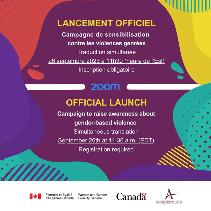 Actions Femmes ÎPÉ et l’Alliance des femmes de la francophonie canadienne (AFFC) vous invitent à assister au lancement de notre campagne de sensibilisation contre les violences faites aux femmes et aux filles francophones et acadiennes, qui se tiendra le 26 septembre 2023 à 11 h 30 (HAE). 
Votre soutien est essentiel pour faire entendre notre message.
 
Nous vous encourageons à partager cette invitation avec votre réseau de partenaires, membres, institutions et gouvernements. Ensemble, nous pouvons avoir un impact significatif et contribuer à un avenir plus sûr et égalitaire pour toutes.
🗓️ Date : 26 septembre 2023
🕒 Heure : 11h30 (HAE)
📍 Lieu : ZOOM

https://us02web.zoom.us/webinar/register/4816947803962/WN_U0X1cKSwS-yVSqcTA6ZRig#/registration
