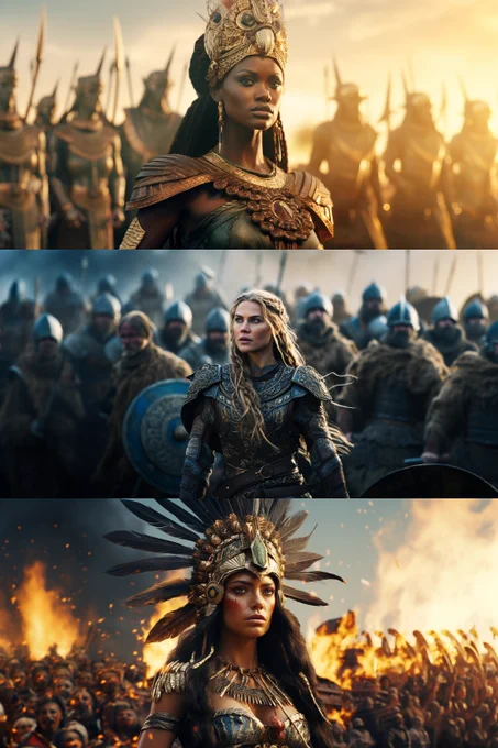- A legendary African queen in battle, cinema lighting, ultra hd --style raw

- A legendary Viking queen in battle, cinema lighting, ultra hd --style raw

- A legendary aztec queen in battle, cinema lighting, ultra hd --style raw