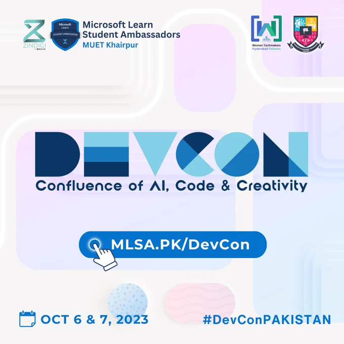 🤩 Exciting News!

Women Techmakers Hyderabad Pakistan is proud to collaborate with 𝗗𝗘𝗩𝗖𝗢𝗡, 𝗮 𝘁𝘄𝗼-𝗱𝗮𝘆 𝘃𝗶𝗿𝘁𝘂𝗮𝗹 𝗱𝗲𝘃𝗲𝗹𝗼𝗽𝗲𝗿 𝗰𝗼𝗻𝗳𝗲𝗿𝗲𝗻𝗰𝗲 organized by MLSA MUET KHAIRPUR and Microsoft Learn Student Ambassadors Pakistan
! 🚀

Join us for a tech event where 𝘄𝗲'𝗹𝗹 𝗲𝘅𝗽𝗹𝗼𝗿𝗲 𝘁𝗵𝗲 𝗰𝗼𝗻𝗳𝗹𝘂𝗲𝗻𝗰𝗲 𝗼𝗳 𝗔𝗜, 𝗰𝗼𝗱𝗲, 𝗮𝗻𝗱 𝗰𝗿𝗲𝗮𝘁𝗶𝘃𝗶𝘁𝘆 𝘁𝗼 𝗯𝗼𝗼𝘀𝘁 𝗶𝗻𝗻𝗼𝘃𝗮𝘁𝗶𝗼𝗻. Two days of tech brilliance, interactive games, and chances to win prizes await you.

📅 October 6 & 7, 2023
📍 Virtual Event
👉 Register Now: mlsa.pk/devcon

Please mention 𝐖𝐓𝐌 𝐇𝐲𝐝𝐞𝐫𝐚𝐛𝐚𝐝 𝐏𝐚𝐤𝐢𝐬𝐭𝐚𝐧 in the Where did you get the details? section when you register!

#devconpakistan #WTM #wtmhyd #WomenTechMakers #mlsapakistan #mlsamuetkhp #collaboratorsupport #techconference #AI #code #innovation
