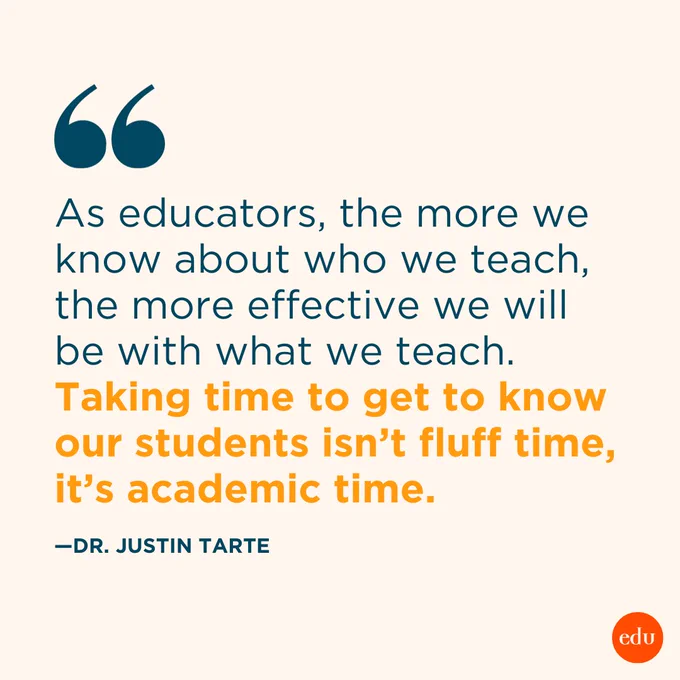 "As educators, the more we know about who we teach, the more effective we will be with what we teach. Taking time to get to know our students isn’t fluff time, it’s academic time.” —Dr. Justin Tarte