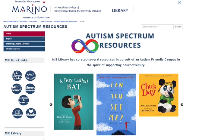 Screenshot of the MIE Library Autism Spectrum Resources library guide. 
