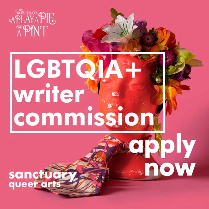 Graphic of a sculpture of a head with a flower garnet on. Text: LGBTQIA  writer commission, apply npw. 
